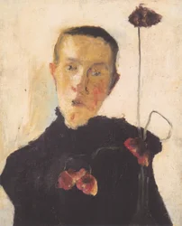 Brustbild einer Frau mit Mohnblumen
